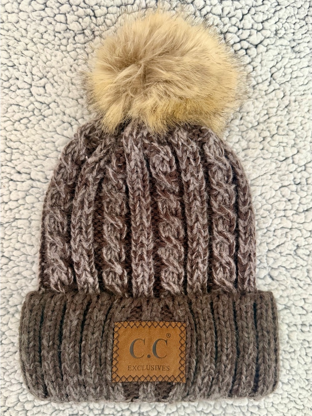 C.C Brown Cable Knit Beanie with Tan Pom